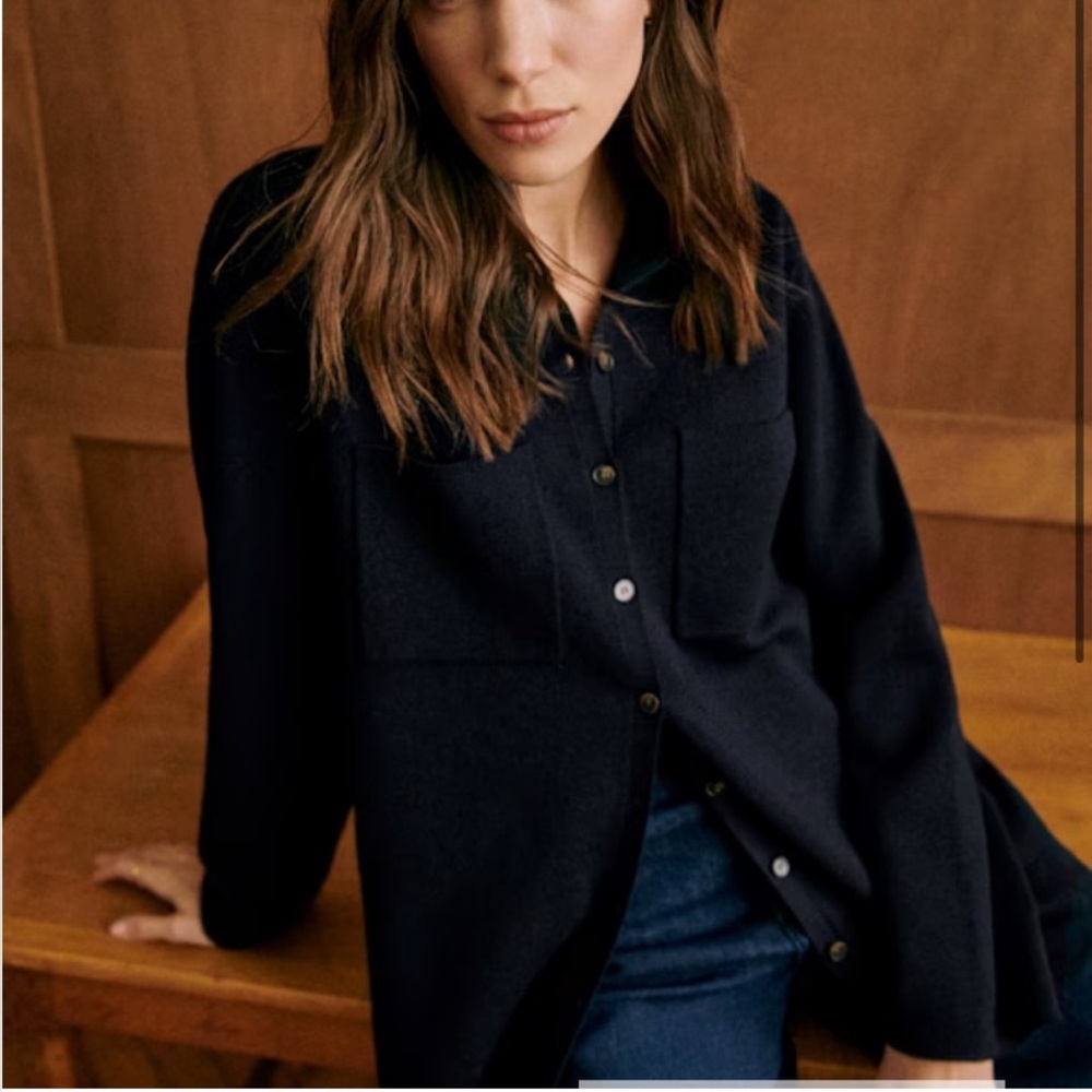 Sezane Emily Cardigan Button Up Merino Wool Shirt Navy Large